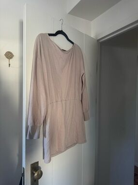Long Sleeve Crewneck Tunic Dress in Light Beige